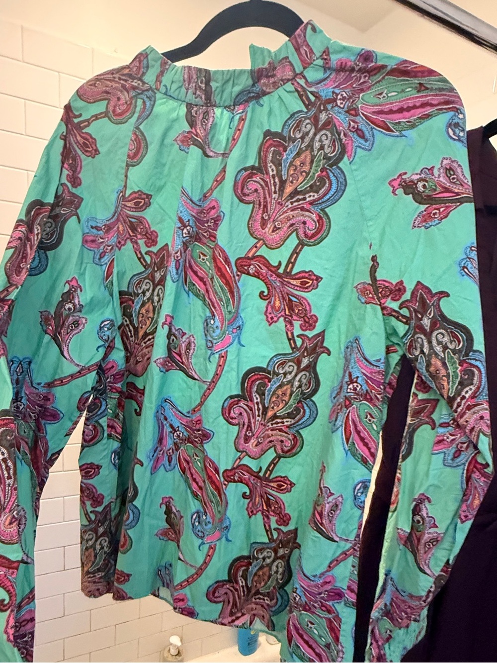 Tibi Silk Blend Paisley Mock Neck Blouse Teal Pink Size Large